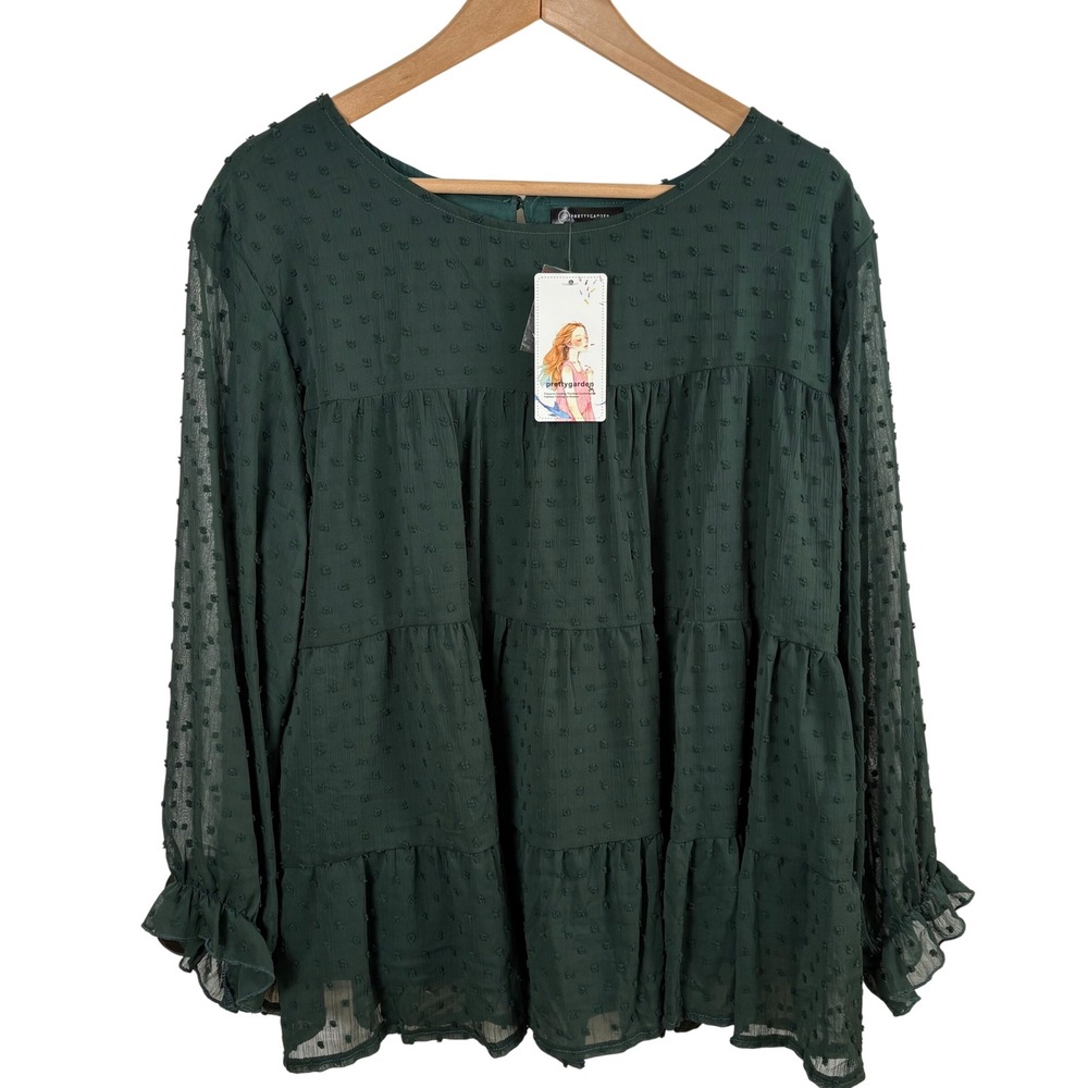 NWT Women's Green Ruffled Long-Sleeve Blouse Size XL Cottagecore Dark‎ Fairycore